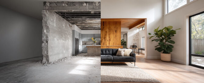 before and after home renovation. sidebyside comparison showcases transformation from demolition to stylish modern living space. interior design concept.