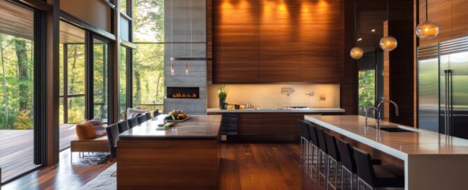 Photo of home remodeling Thousand Oaks open-concept kitchen with large windows, dark wood floors and cabinets, integrated lighting, and a white kitchen island in the center beneath hanging light fixtures