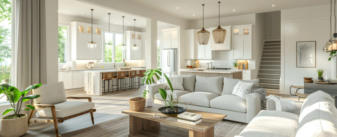 beautiful living room interior in new luxury home with open concept floor plan. shows kitchen, dining room, and wall of windows with amazing exterior view