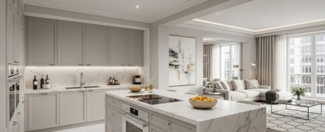 Elegant open-concept kitchen and living space featuring marble countertops and modern design