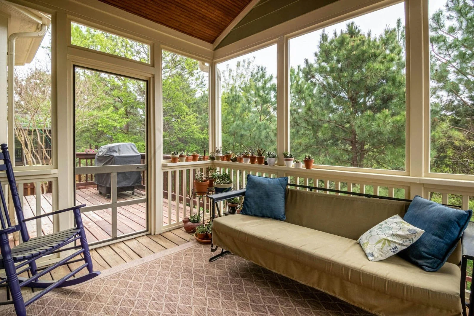 picture of a cozy screened in porch features a tan sofa with blue pillows a purple rocking chair and a variety of small potted succulents along the windowsill