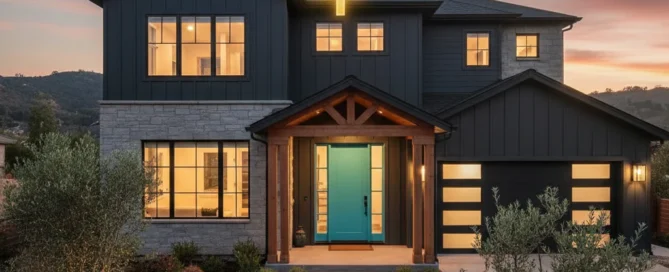 picture of a luxurious two story modern home at sunset featuring a mix of light stone