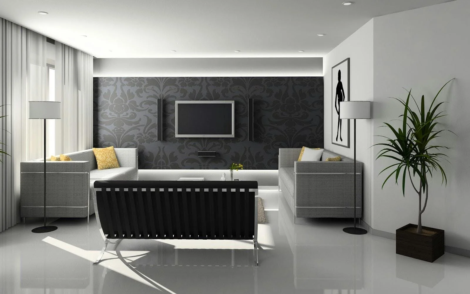 picture-of-a-sleek-living-room-displaying-a-dark-damask-accent-wall-with-a-mounted-tv