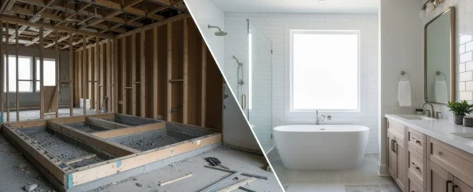 photo split screen showing a bathroom under construction