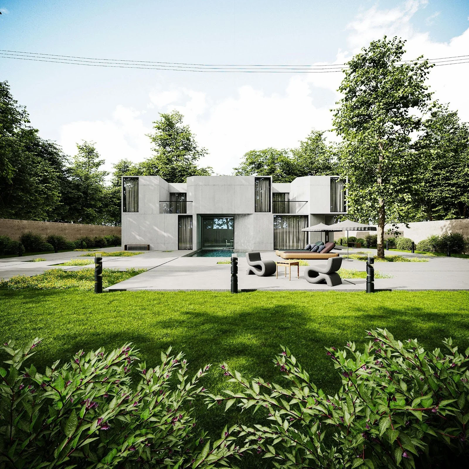 picture of a modern concrete villa with a swimming pool minimalist outdoor furniture and a spacious green lawn surrounded by tall trees