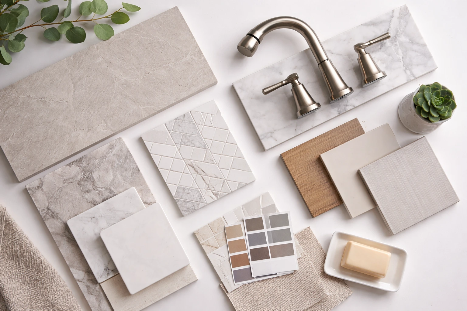 photo-of-bathroom-materials-and-faucet-samples-for-bathroom-remodel-time-planning