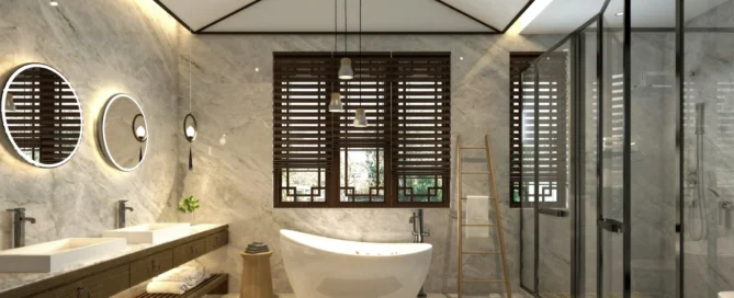 photo of a modern marble wall and floor bathroom remodel with a white tub next to a wood vanity