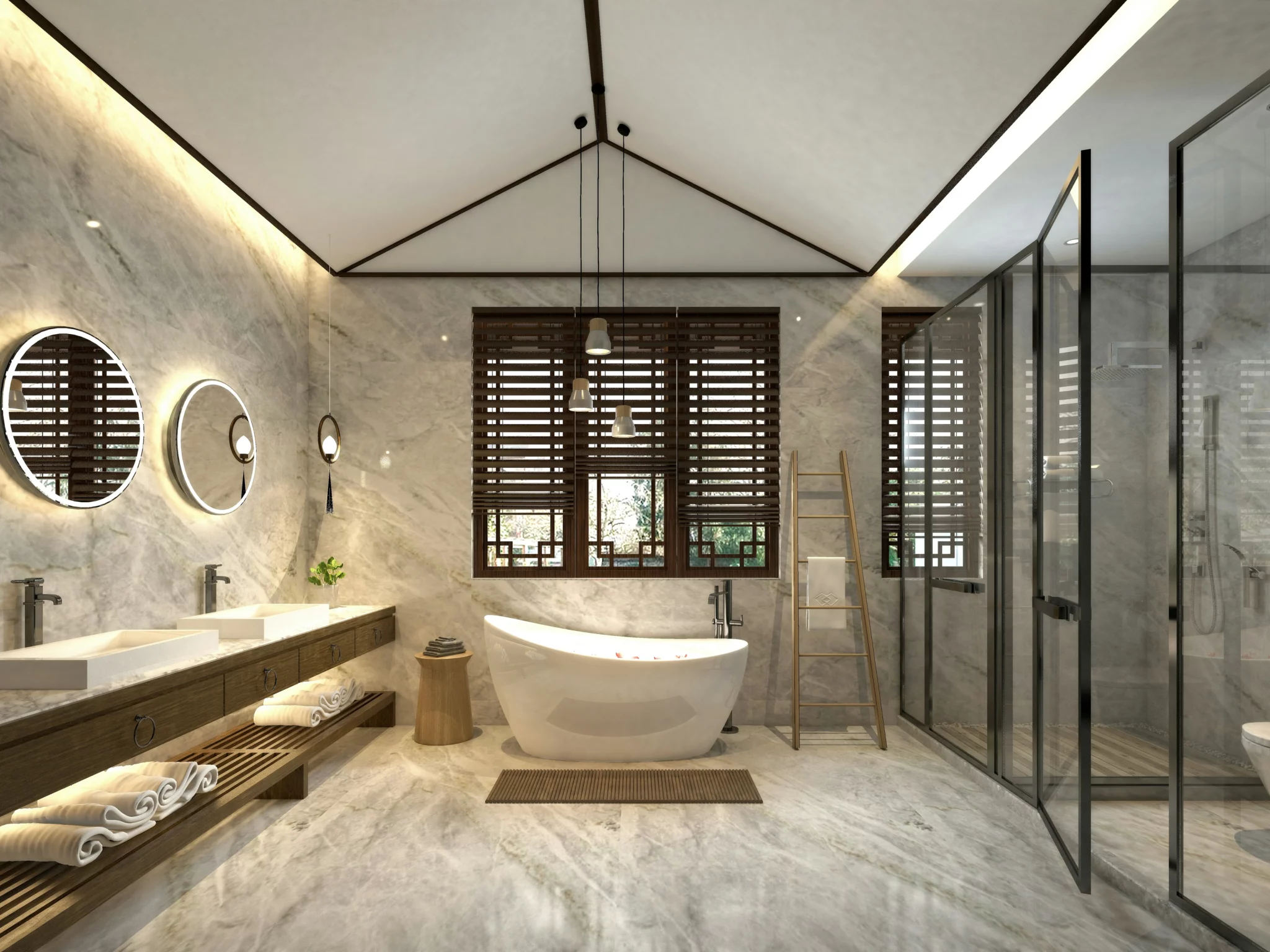 photo of a modern marble wall and floor bathroom remodel with a white tub next to a wood vanity