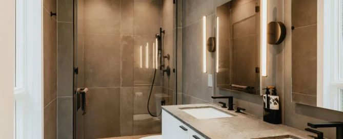 photo of shower remodel ideas with brown tiles ambient lighting and a glass stand up shower