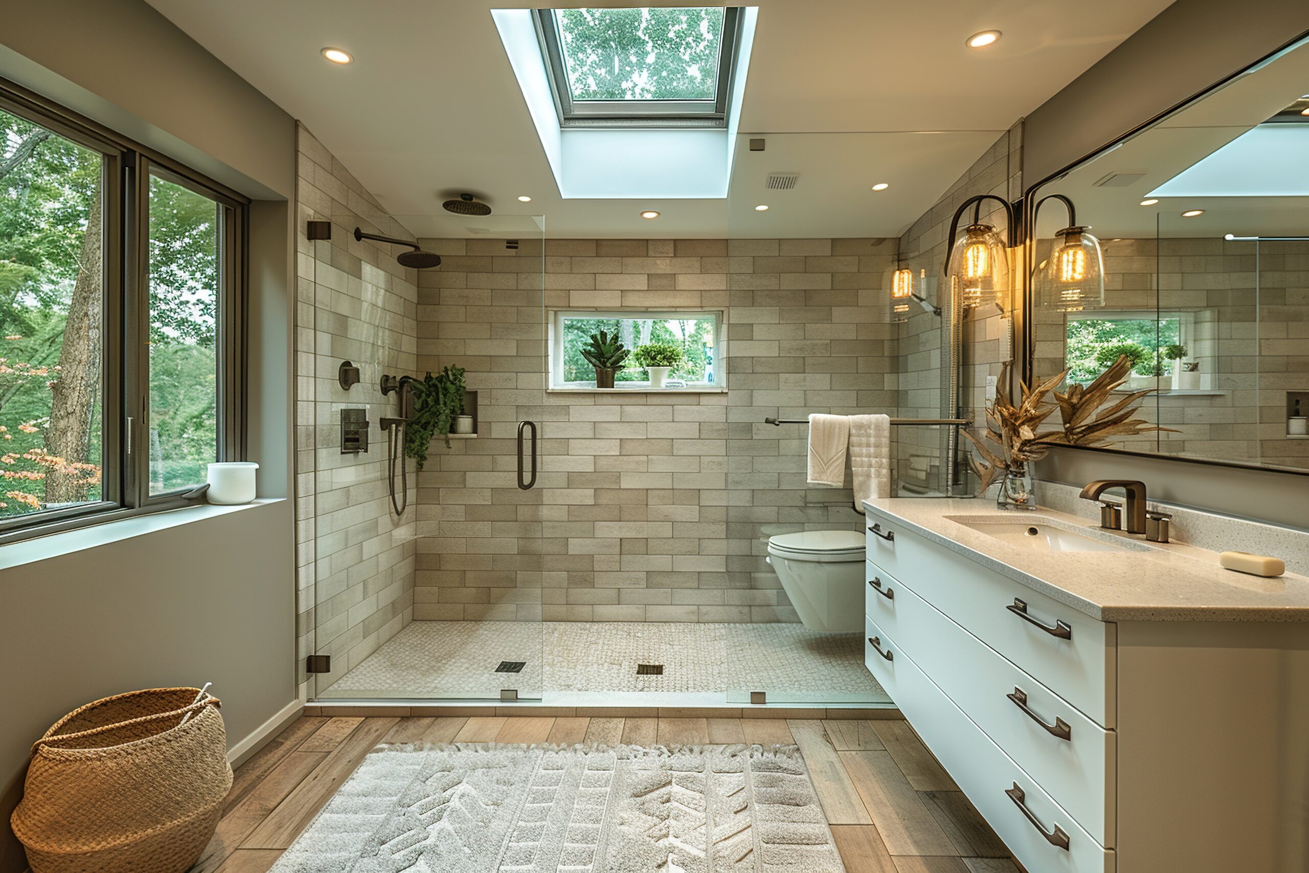 A bathroom with a large glass shower stall and a toilet A bathroom with a large glass shower stall and a toilet in Carson