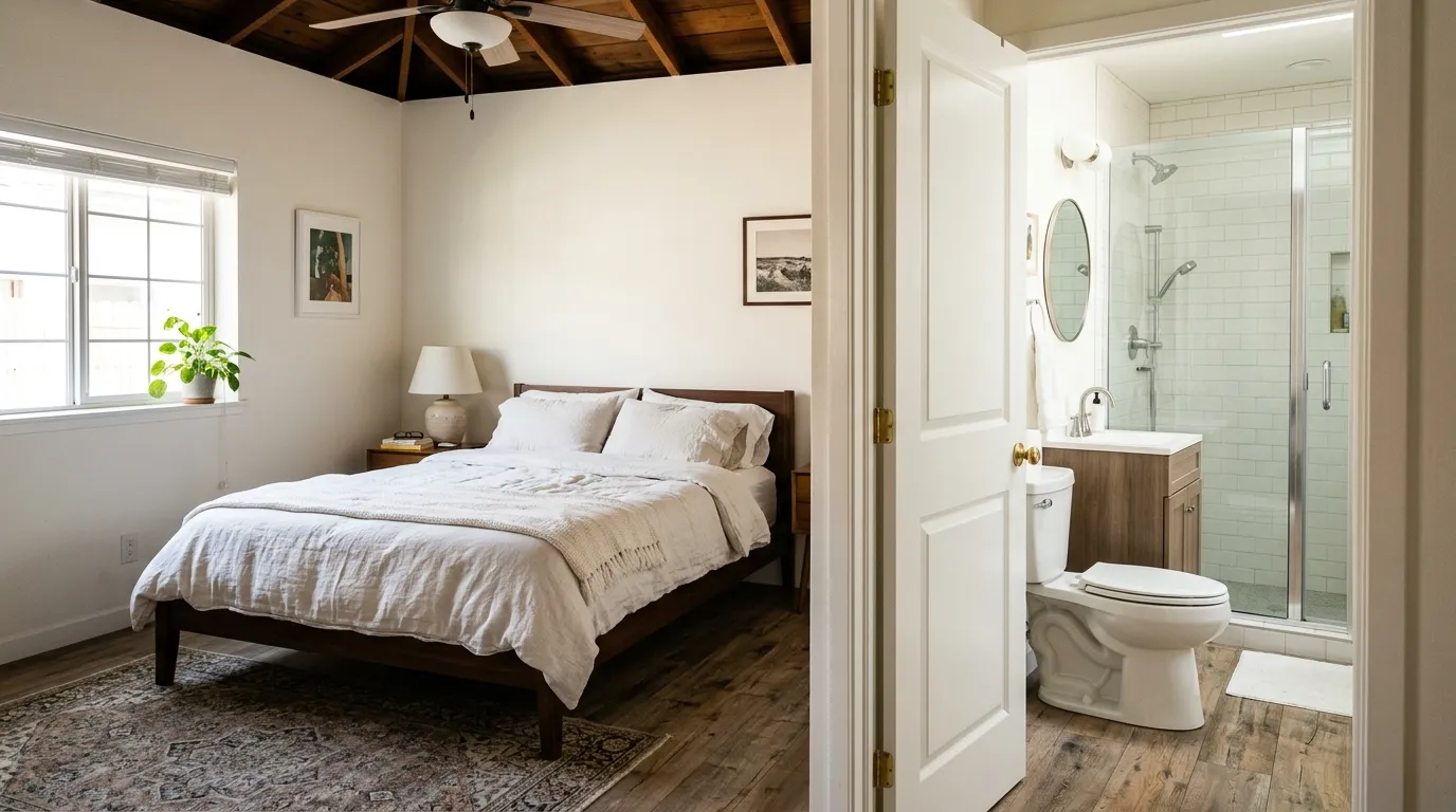 photo bedroom suite with open doorway to ensuite bathroom