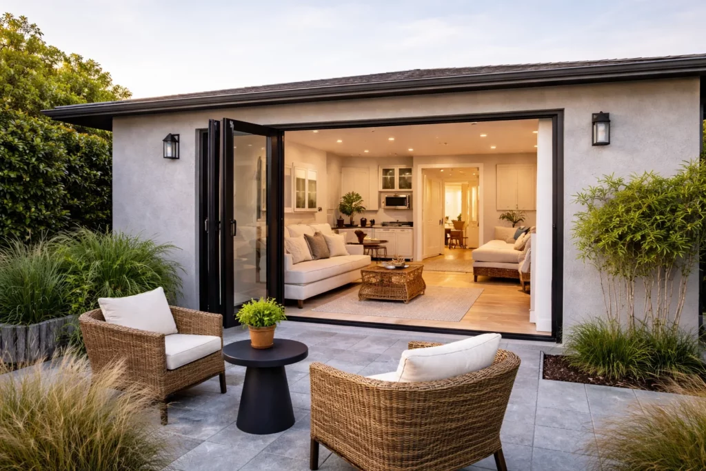 photo-of-a-garage-conversion-contractor-project-with-modern-wicker-furniture-and-plants-outside-in-front-and-lights-and-furnitures-inside-the-garage-converted-to-a-living-room photo of a Los Angeles garage conversion contractor project with modern wicker furniture and plants outside in front and lights and furnitures inside the garage converted to a living room