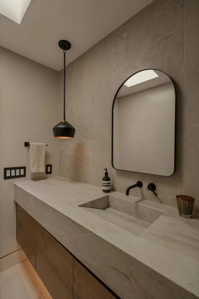 photo of a stylish bathroom remodel featuring monochromatic beige walls floors and granite countertops with modern black fixtures
