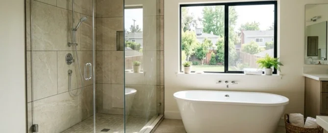 photo of a walk in shower vs bathtub in a master bathroom with soaking tub