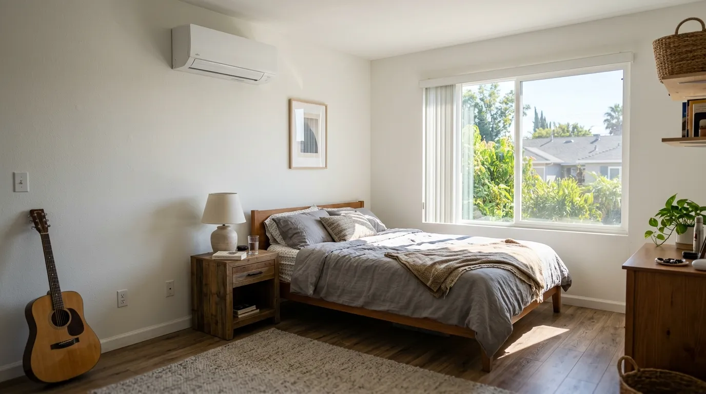 photo sunlit bedroom interior showing wall mounted mini split ac unit