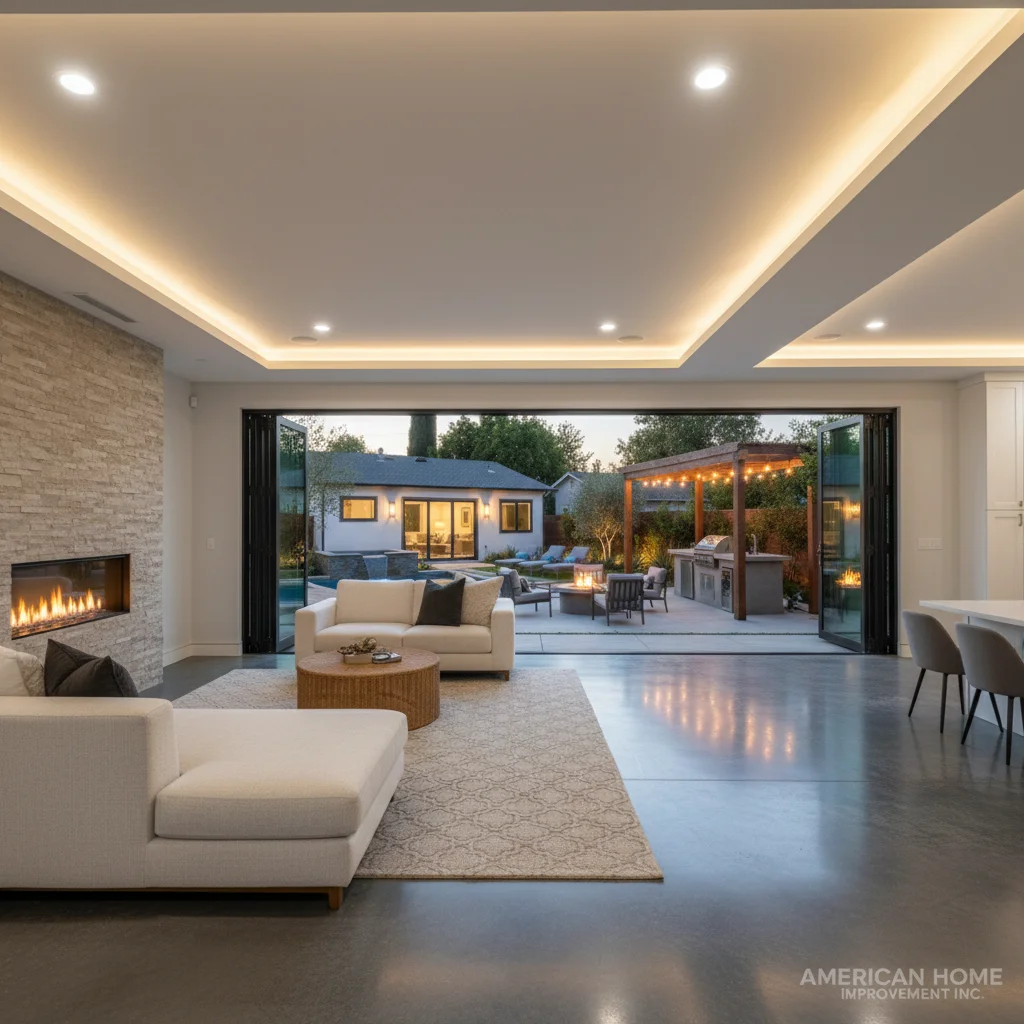 picture-of-interior-view-of-a-remodeled-home-looking-from-the-living-room-through-wide-folding-glass-doors-to-a-lighted-outdoor-kitchen-and-pool picture of interior view of a remodeled home in Pasadena looking from the living room through wide folding glass doors to a lighted outdoor kitchen and pool